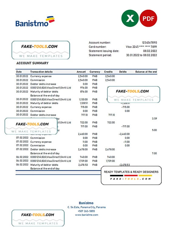 Panama Banistmo bank statement Excel and PDF template Panama Banistmo bank statement Excel and PDF template