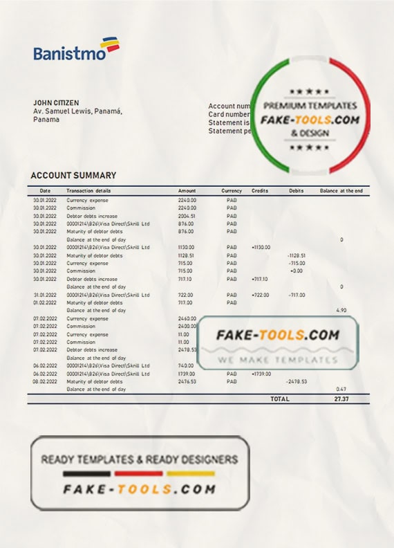 Panama Banistmo bank statement template in Word and PDF format Panama Banistmo bank statement template in Word and PDF format