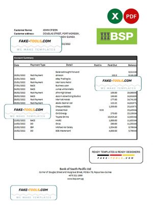 Papua New Guinea BSP bank statement Excel and PDF template
