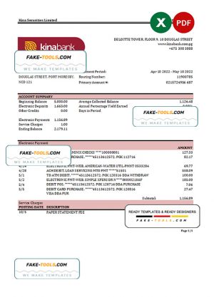 Papua New Guinea Kina Securities Limites bank statement Excel and PDF template