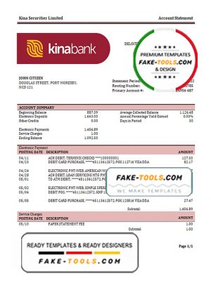 Papua New Guinea Kina Securities Limites bank statement template in Word and PDF format