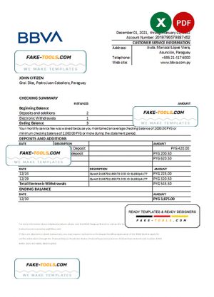 Paraguay BBVA bank statement Excel and PDF template