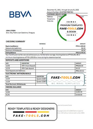 Paraguay BBVA bank statement template in Word and PDF format