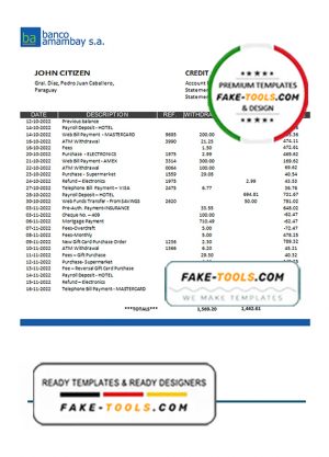 Paraguay Banco Amambay bank statement template in Word and PDF format