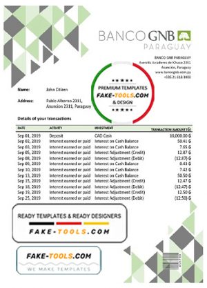 Paraguay Banco Continental S.A.E.C.A. bank statement template in Word and PDF format, good for address prove