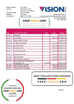 Paraguay Vision Banco bank statement easy to fill template in Excel and PDF format