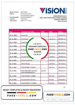 Paraguay Vision Banco bank statement template in Word and PDF format