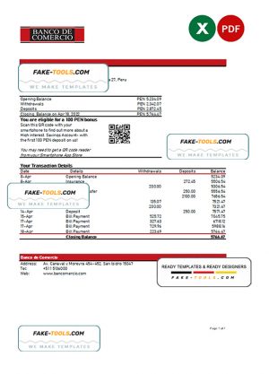 Peru Banco de Comercio bank statement Excel and PDF template