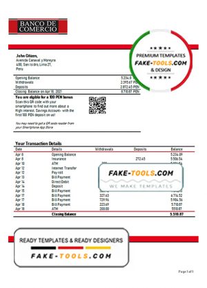 Peru Banco de Comercio bank statement template in Word and PDF format