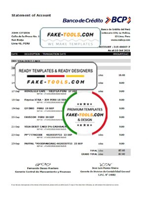 Peru Banco de Credito del Peru (BCP) bank statement easy to fill template in Excel and PDF format