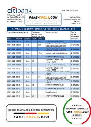 Peru Citibank bank statement easy to fill template in .xls and .pdf file format