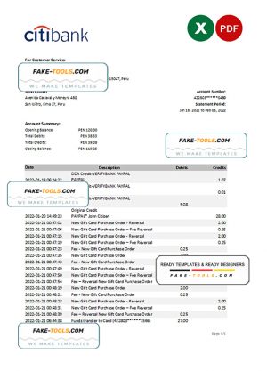 Peru Citibank bank statement Excel and PDF template