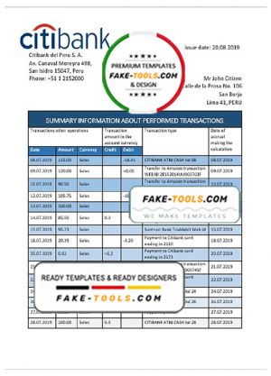 Peru Citibank bank statement easy to fill template in Word and PDF format