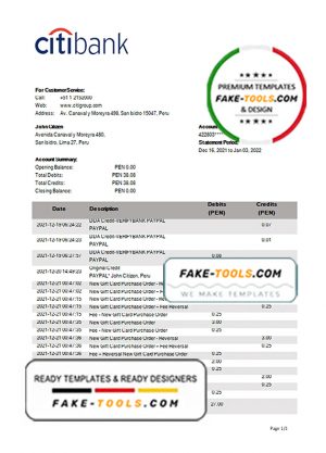 Peru Citibank bank statement template in Word and PDF format