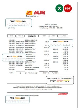 Philippines Asia United Bank (AUB) account statement Excel and PDF template