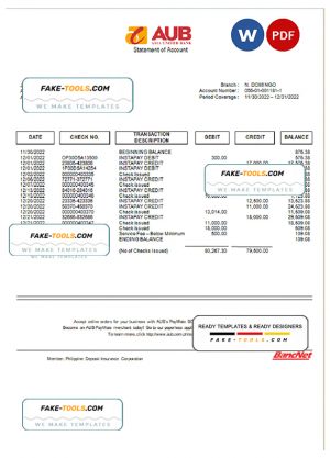 Philippines Asia United Bank (AUB) account statement Word and PDF template