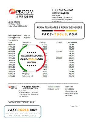 Philippines Bank of Communications bank statement easy to fill template in .xls and .pdf file format
