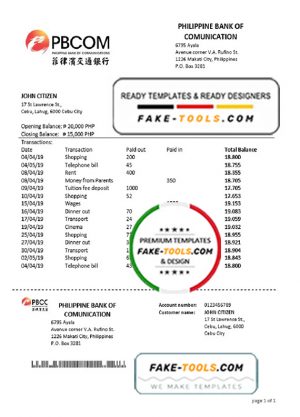 Philippines Bank of Communications proof of address bank statement template in Word and PDF format