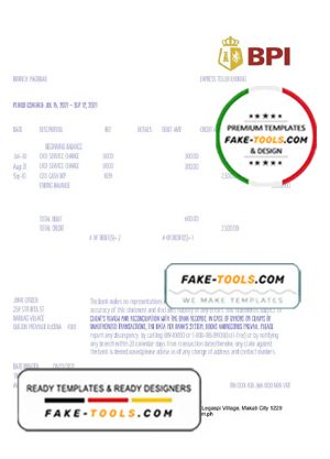 Philippines Bank of the Philippine Islands (BPI) bank statement template in Excel and PDF format, version 2