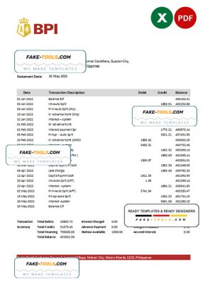 Philippines Bank of the Philippine Islands bank statement Excel and PDF template