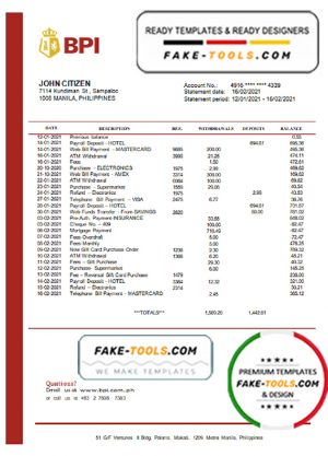 Philippines Bank of the Philippine Islands proof of address bank statement template in Word and PDF format
