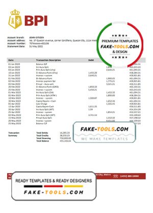 Philippines Bank of the Philippine Islands bank statement template in Word and PDF format