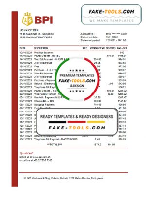 Philippines Bank of the Philippine bank statement easy to fill template in Excel and PDF format