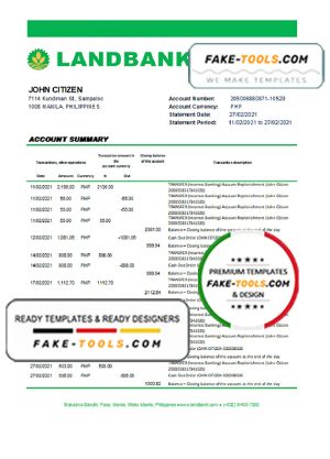 Philippines Land Bank of the Philippines bank statement easy to fill template in Excel and PDF format