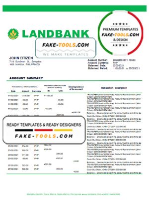 Philippines Land Bank of the Philippines proof of address bank statement template in Word and PDF format