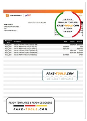 Philippines Unionbank bank statement template in Excel and PDF format