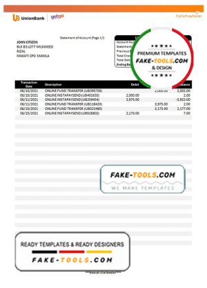 Philippines Unionbank bank statement template in Word and PDF format