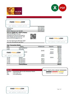 Poland Alior bank statement Excel and PDF template