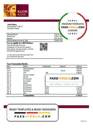 Poland Alior bank statement template in Word and PDF format