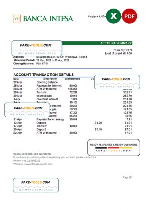 Poland Banca Intesa bank statement Excel and PDF template