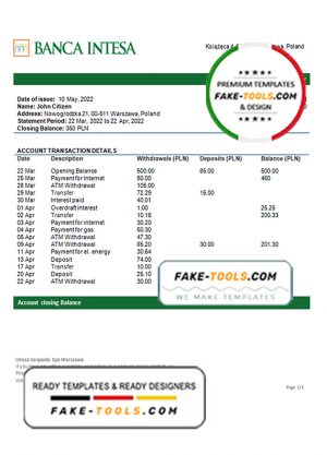 Poland Banca Intesa bank statement template in Word and PDF format