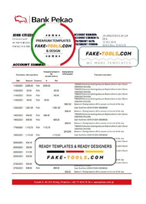 Poland Bank Pekao S.A. bank statement easy to fill template in Excel and PDF format