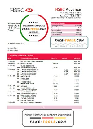 Poland HSBC bank statement easy to fill template in .xls and .pdf file format