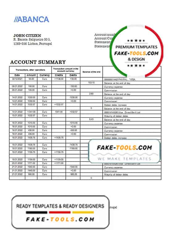 Portugal Abanca bank statement template in Word and PDF format Portugal Abanca bank statement template in Word and PDF format