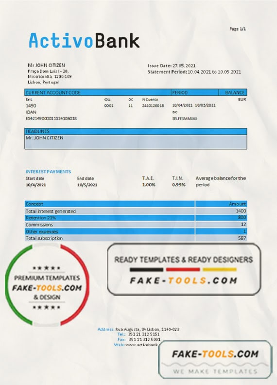 Portugal Activobank S.A. bank statement template in Excel and PDF format, .xls and .pdf format Portugal Activobank S.A. bank statement template in Excel and PDF format, .xls and .pdf format