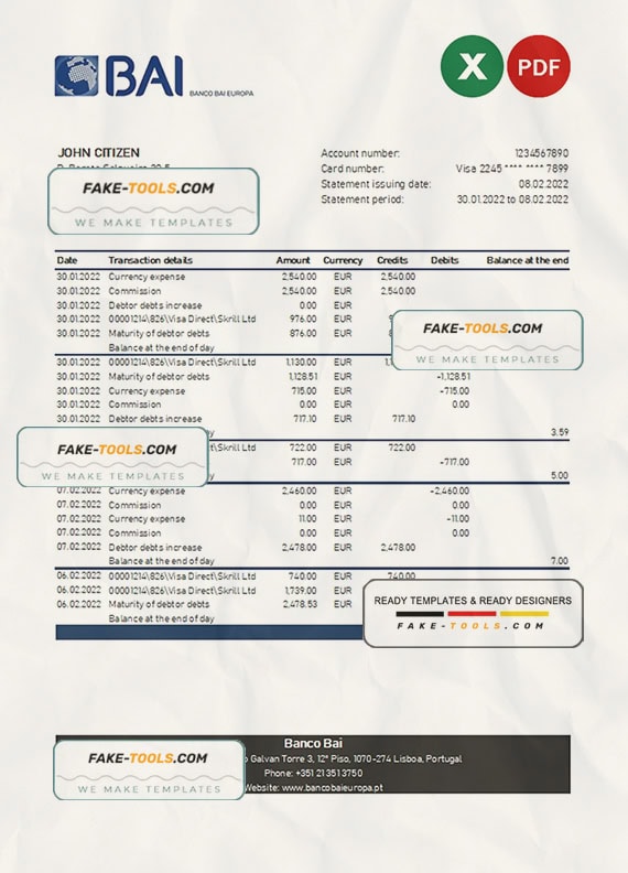 Portugal Banco BAI Europa bank statement Excel and PDF template Portugal Banco BAI Europa bank statement Excel and PDF template