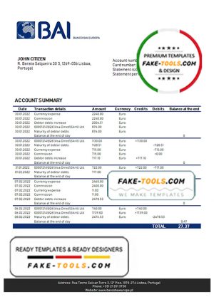 Portugal Banco BAI Europa bank statement template in Word and PDF format Portugal Banco BAI Europa bank statement template in Word and PDF format