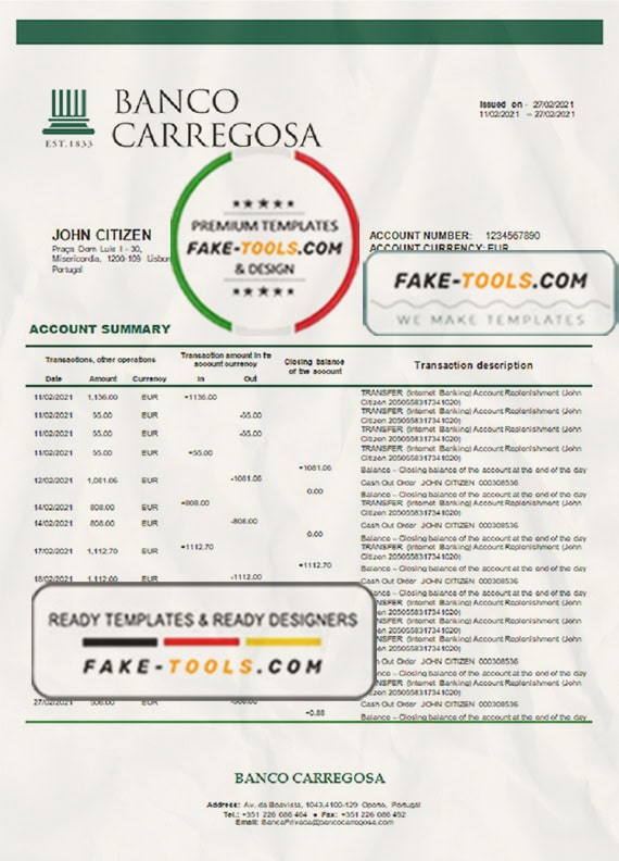 Portugal Banco Carregosa bank statement in Word and PDF format Portugal Banco Carregosa bank statement in Word and PDF format
