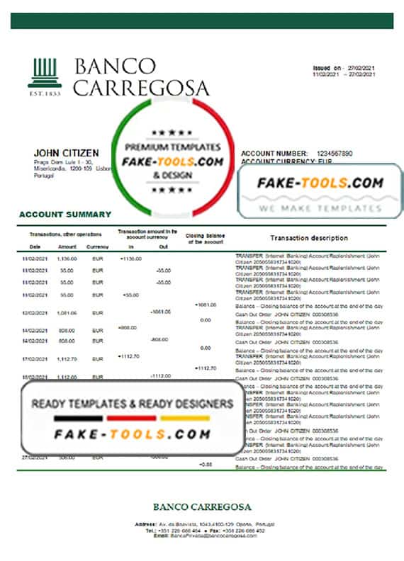 Portugal Banco Carregosa bank statement in Word and PDF format Portugal Banco Carregosa bank statement in Word and PDF format