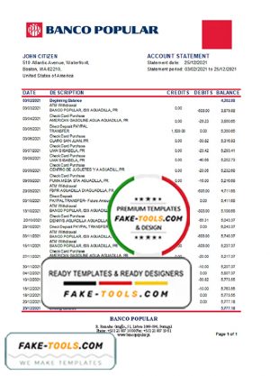 Portugal Banco Popular bank statement template in Excel and PDF format, .xls and .pdf format