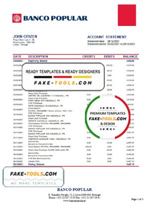 Portugal Banco Popular bank statement in Word and PDF format