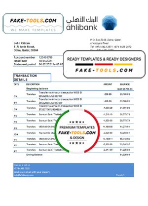 Qatar Ahlibank statement easy to fill template in Excel and PDF format