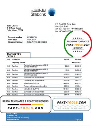Qatar Ahlibank proof of address bank statement template in Word and PDF format, .doc and .pdf format