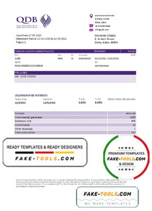 Qatar Development Bank statement template, Excel and PDF format (.xls and .pdf)