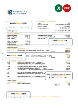 Qatar Doha bank statement, Excel and PDF template