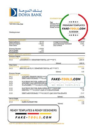 Qatar Doha Bank statement template in Word and PDF format